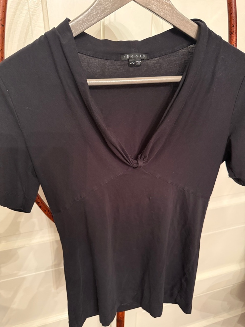 Theory Black Draped Neck Top Short Sleeve Minimalist Soft Knit Tee